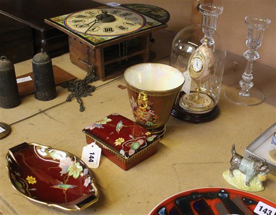 Carltonware Rouge Royale vase, 2 Kingfisher items, Faberge Egg clock & dome, Waterford candlesticks & Stuart Crystal glassware